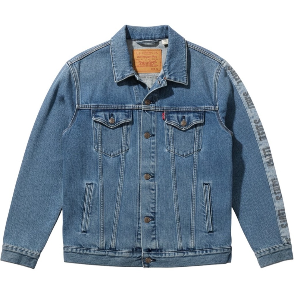 Levis Premium Mens XL Medium Wash Denim Trucker Jacket Logo Tape Sleeve Elastic